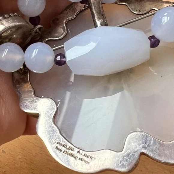 CHARLES ALBERT CHALCEDONY AMETHYST STERLING SILVER NECKLACE PENDANT PIN BROOCH